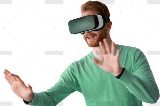 man wearing virtual reality headset at home D7AYCTV 2